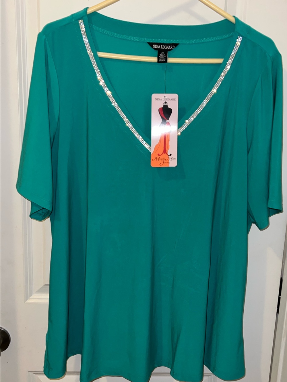 Nina Leonard Teal V-Neck Short Sleeve Top with Rhinestone Trim